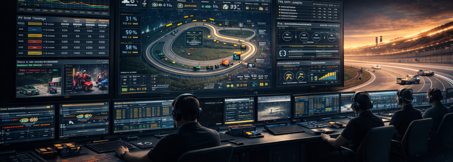 Wide view of a Formula 1 race control setup with large screens showing circuit maps, car positions, telemetry data, pit stop timing, and strategy dashboards.