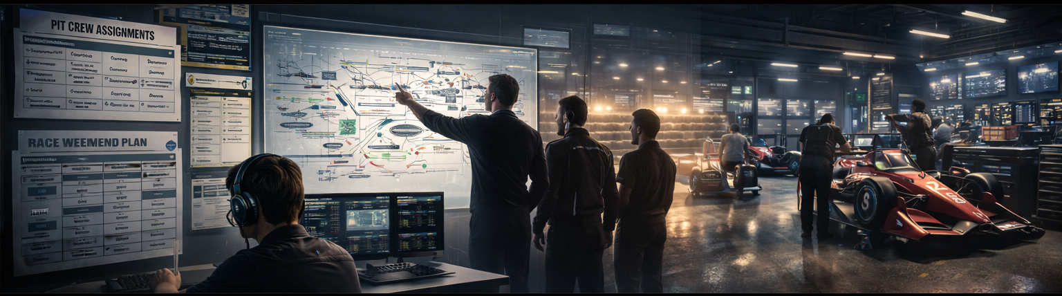 Wide view of a motorsports team workspace with pit crew assignment boards, strategy diagrams, data screens, and mechanics working on cars in a garage.