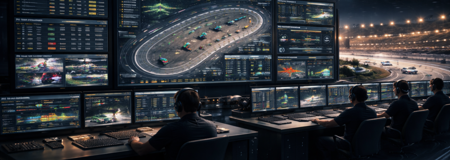 Wide image of an IMSA motorsports data and strategy environment with screens showing endurance race timing, telemetry, lap charts, and pit stop analysis.