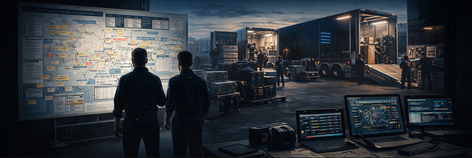 Wide view of a motorsports logistics area with transport trucks being loaded, planning boards, equipment cases, and digital tracking screens.