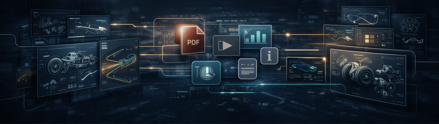 Wide abstract visualization with grouped panels, icons, and diagrams connected by lines, representing motorsports technical documents, data references, and educational resources.
