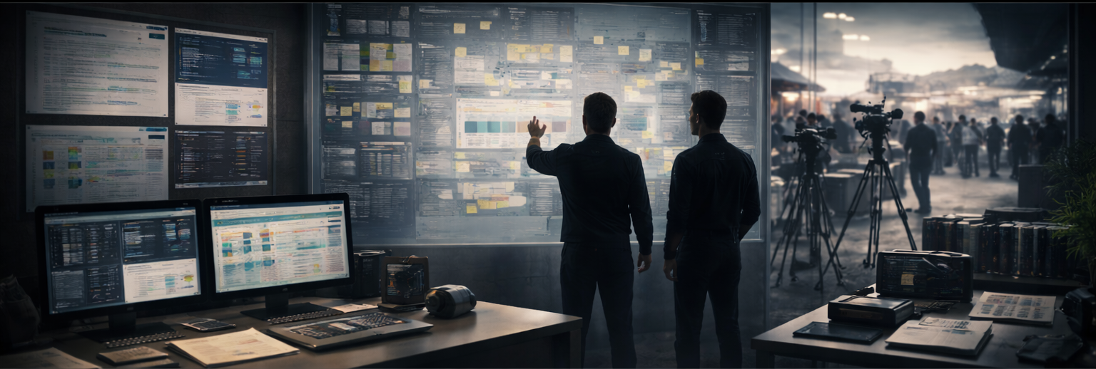 Wide view of a motorsports PR operations area with communication planning screens, workflow boards, and media equipment in a paddock setting.