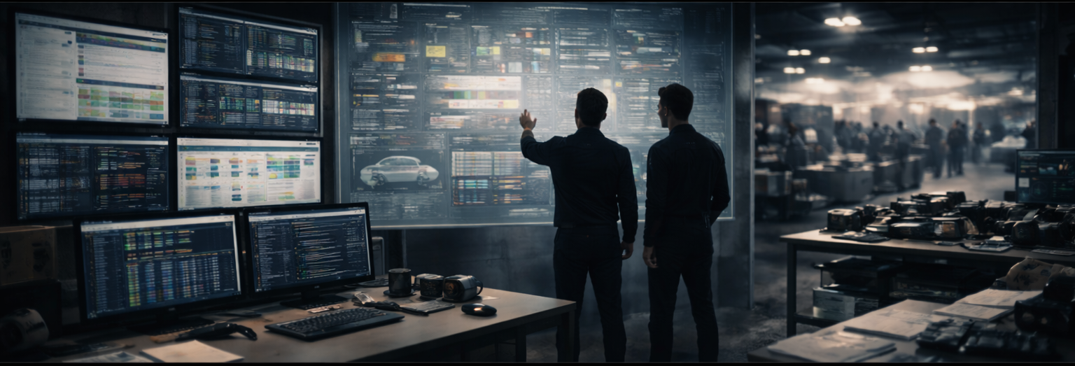 Wide view of a motorsports performance engineering environment with multiple screens showing setup data, telemetry charts, and performance analysis tools.