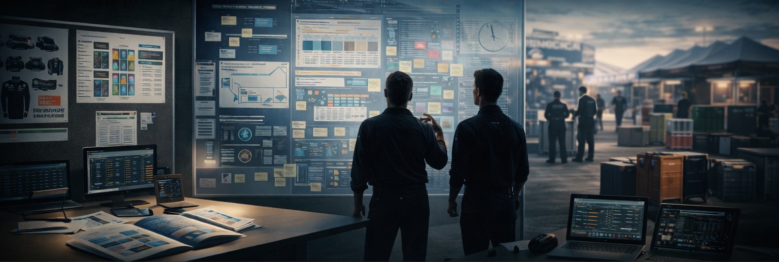 Wide view of a motorsports sponsorship operations setting with strategy boards, proposal materials, tracking screens, and blurred paddock context.