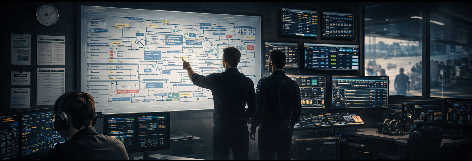 Wide view of a motorsports operations control room with an organized workflow board, multiple data screens, and team members coordinating tasks.