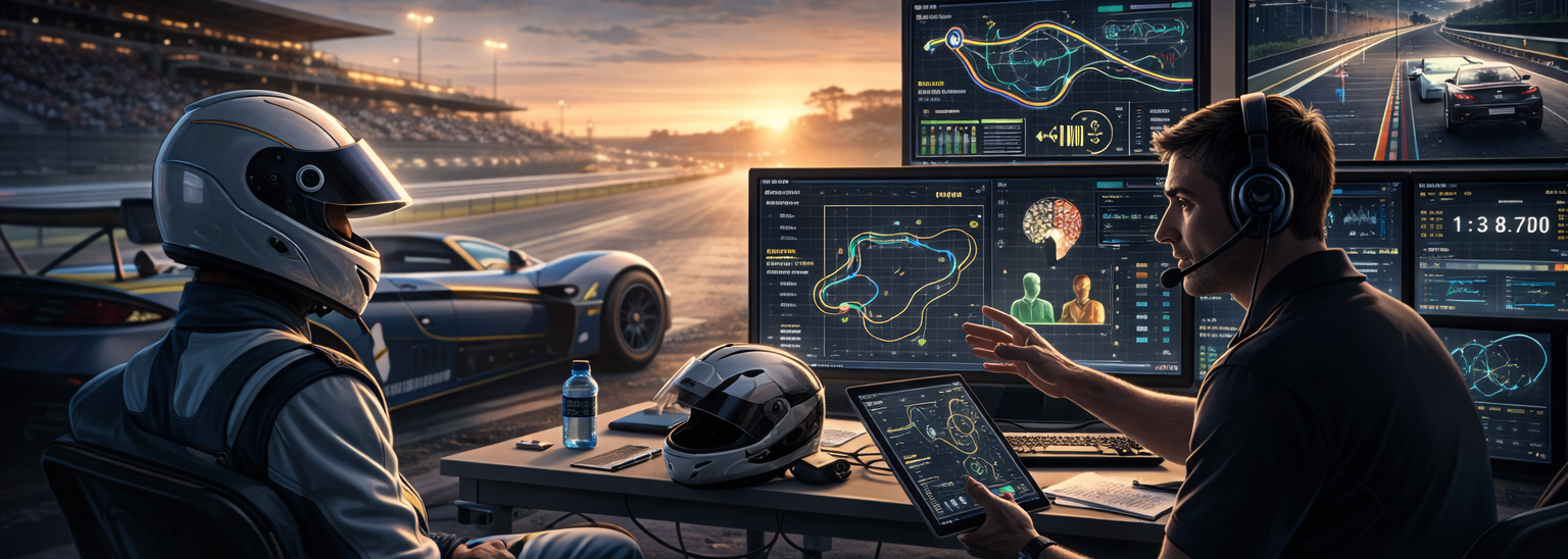 Wide view of a race car driver in a helmet seated beside an engineer reviewing telemetry and track data on multiple screens near a pit lane.