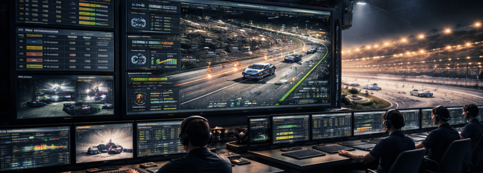 Wide view of WEC race strategy and telemetry displays with endurance timing, class position charts, and performance dashboards.