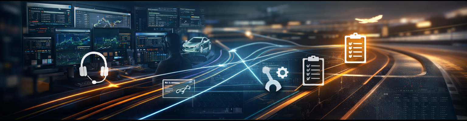 Motorsports careers illustrated through engineering workstations, data analysis, and team operations pathways.