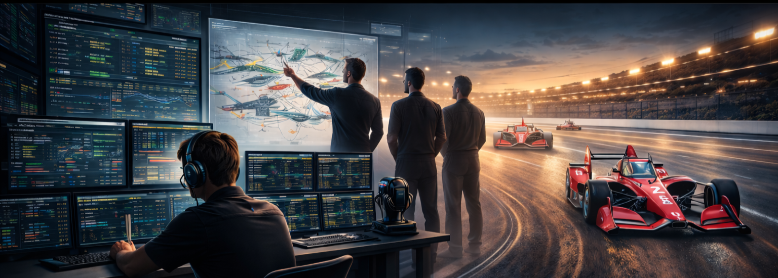 Wide view of an IndyCar race control setup with multiple screens showing timing and scoring, telemetry data, pit strategy information, and on-track activity.