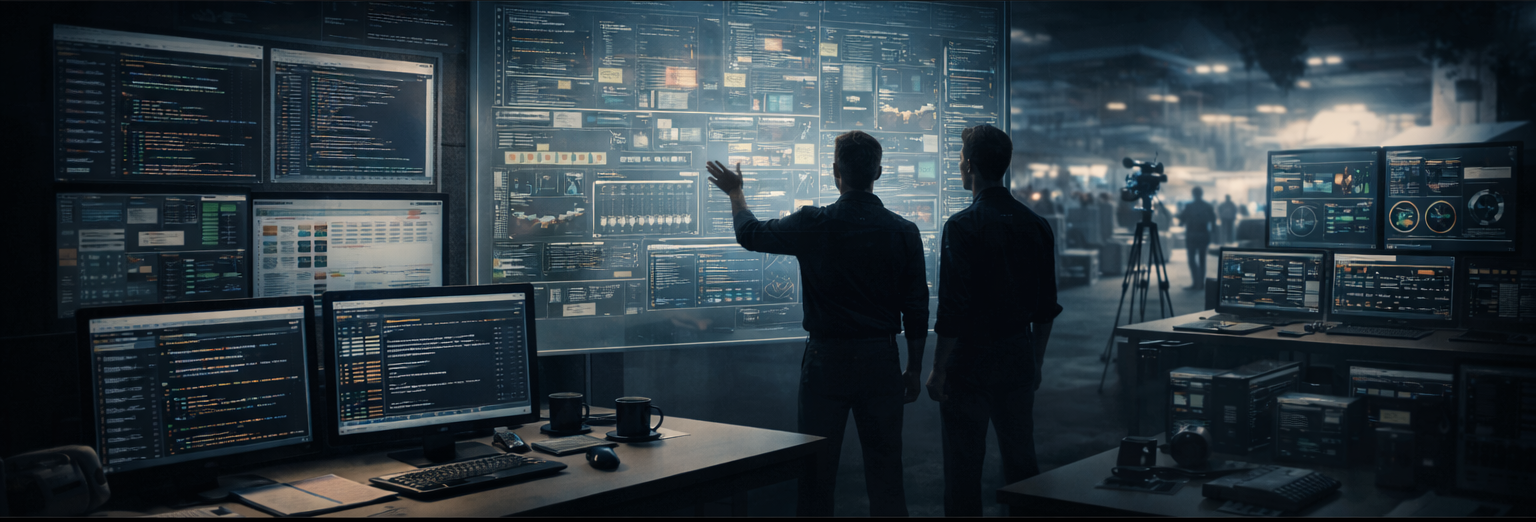 Wide view of a motorsports data engineering environment with multiple screens showing telemetry feeds, code, analytics dashboards, and data flow diagrams.