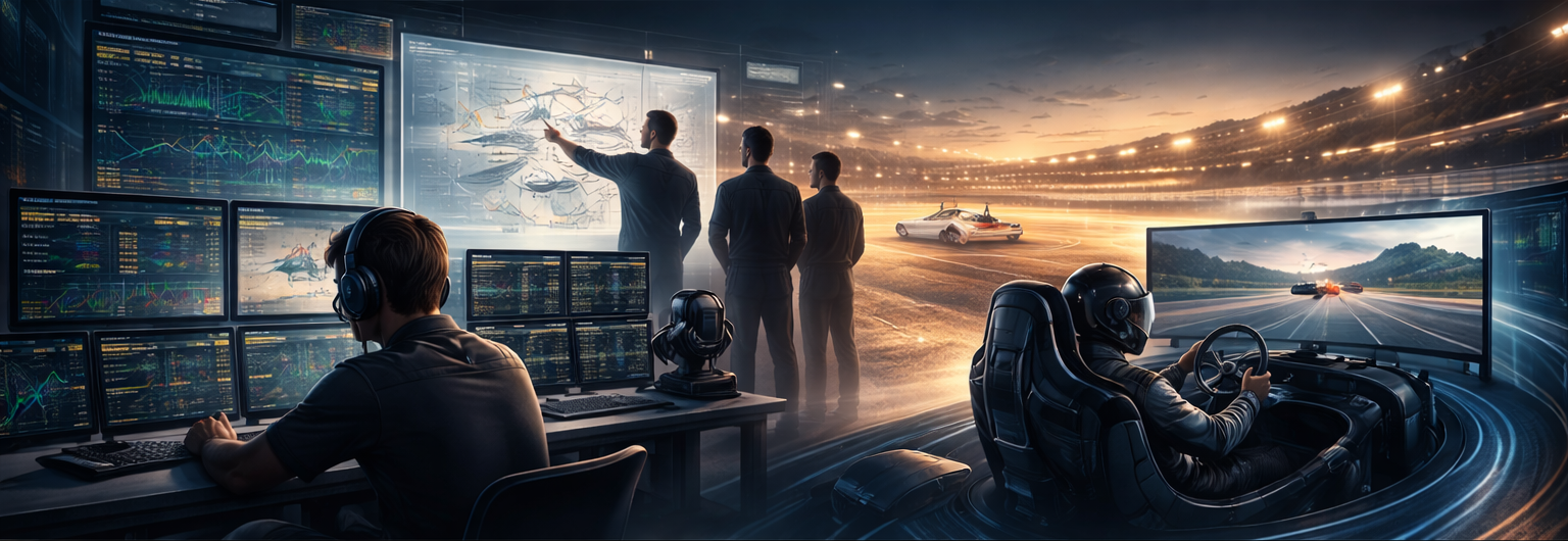Motorsports education and training shown through trackside instruction, simulation, and data analysis.