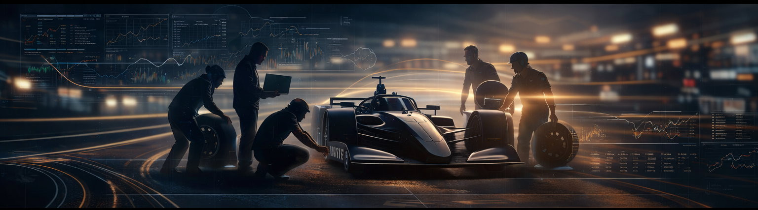 Illustration representing motorsports team and industry collaboration with race car, pit crew, and engineers