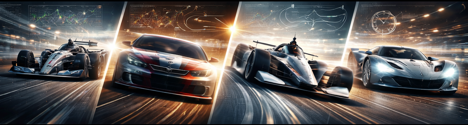 Banner illustrating multiple motorsport series including open-wheel, stock car, and endurance racing conceptually with track outlines and data overlays.