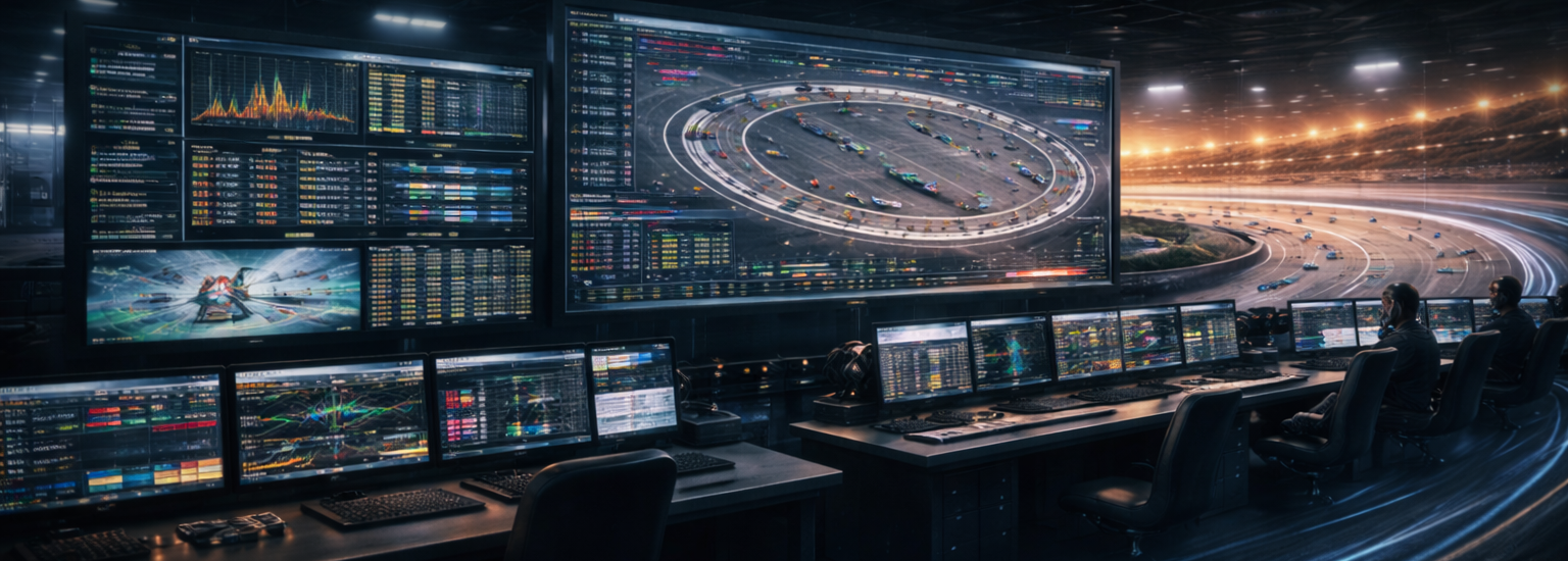 Wide view of a NASCAR race control room with multiple monitors showing oval track layouts, timing data, telemetry charts, and race management systems.