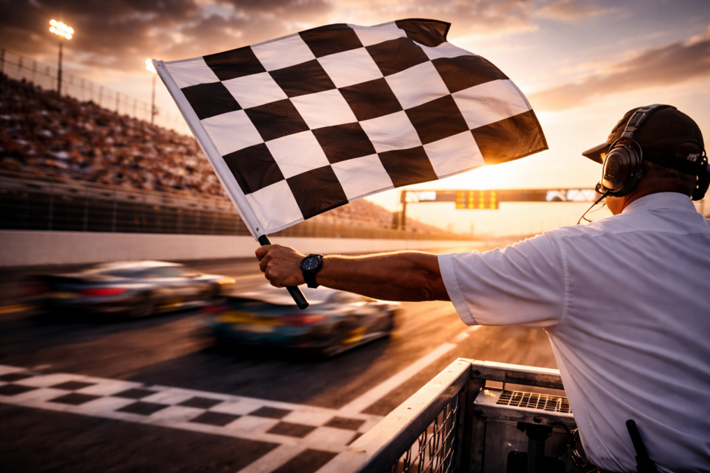 Race official waving a checkered flag at the finish line as cars pass at speed under sunset lighting