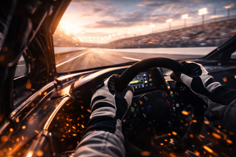 Driver’s gloved hands on a racing steering wheel as the car runs at speed, viewed from inside the cockpit.
