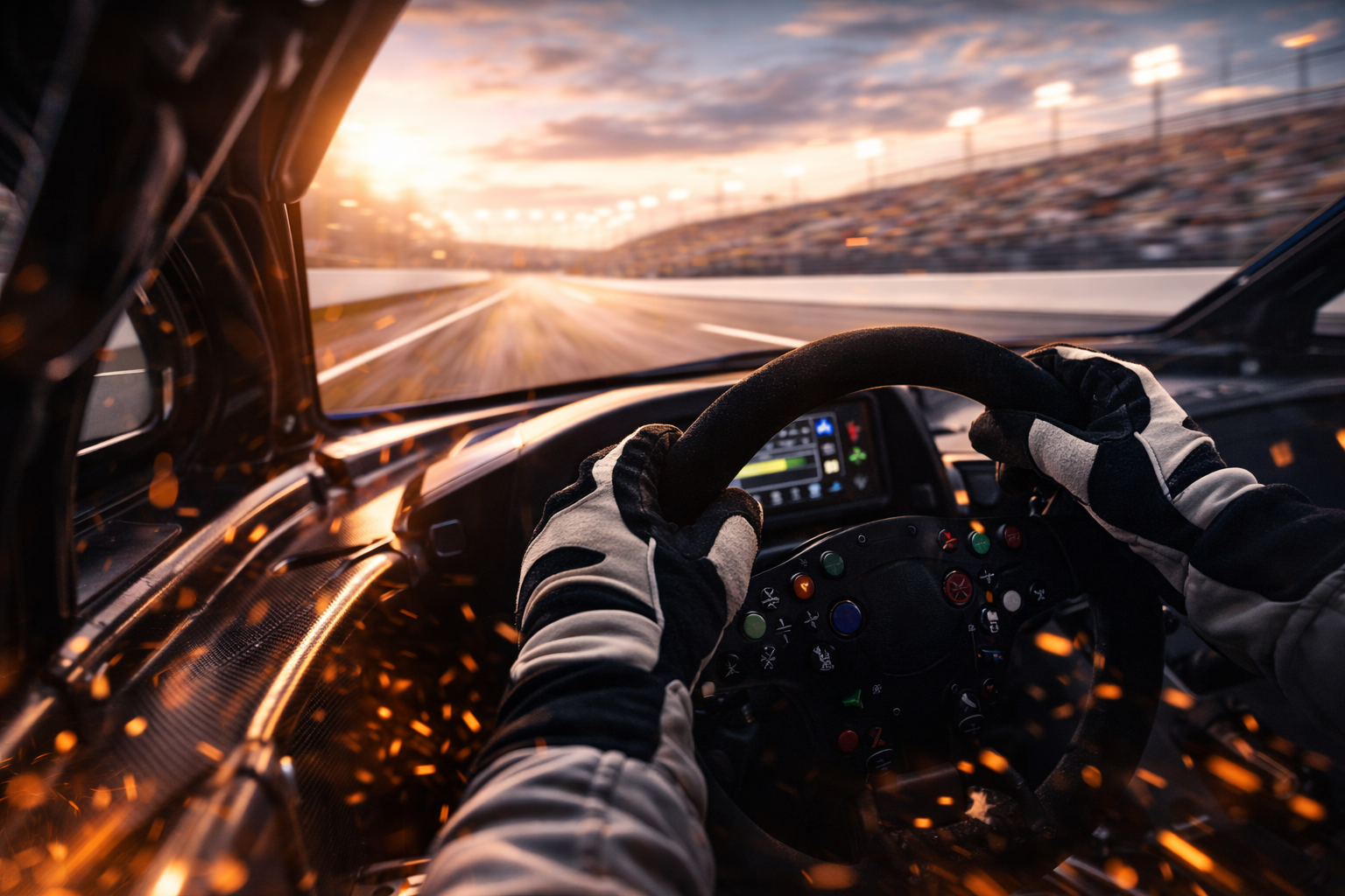 Driver’s gloved hands on a racing steering wheel as the car runs at speed, viewed from inside the cockpit.