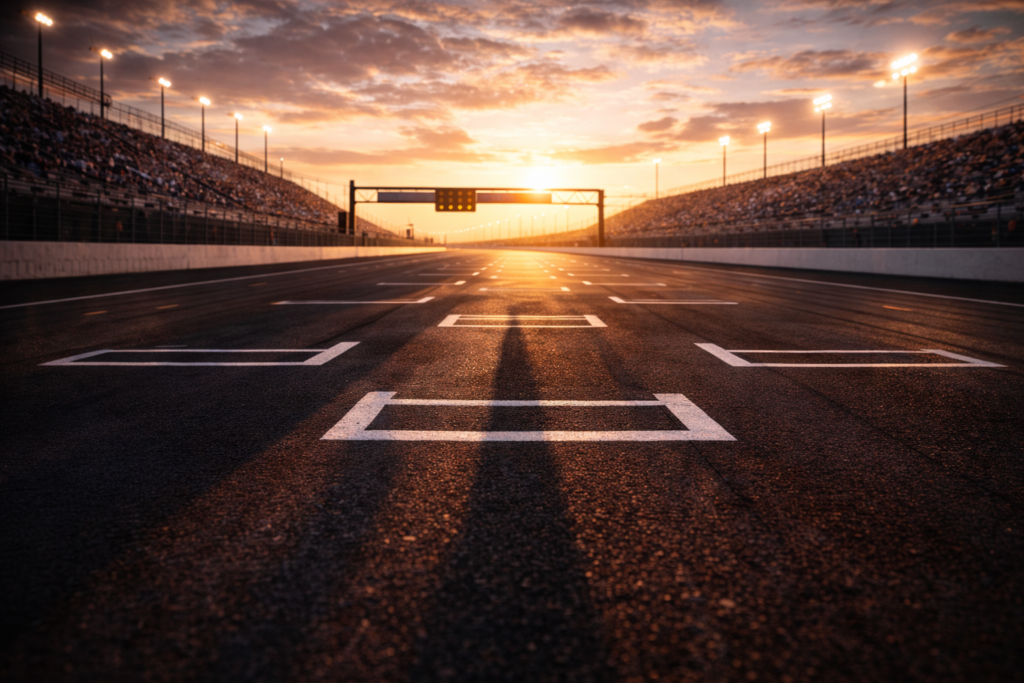 Empty starting grid on a professional racetrack at dawn with marked grid boxes, long shadows, and no cars or people present.