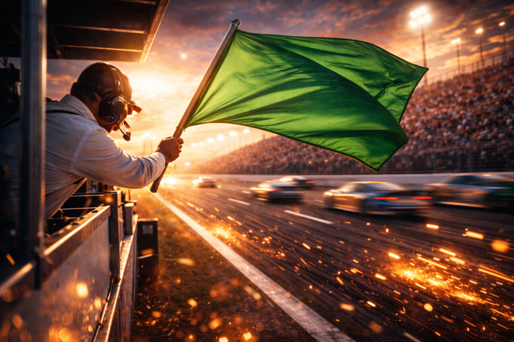 Race official waving a green flag from the flag stand as cars pass at speed under late-day lighting.