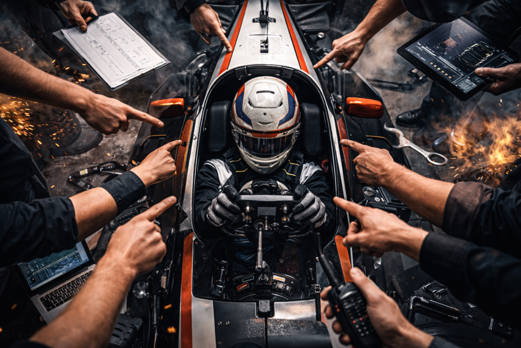 Authority pressure and competing decision influence inside a professional motorsport team.