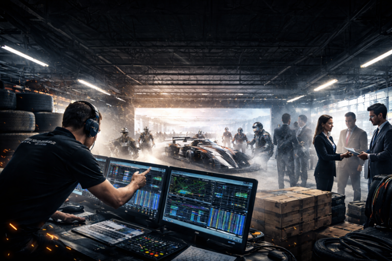 Structural alignment inside a professional motorsport team across engineering, operations, logistics, and sponsorship roles.