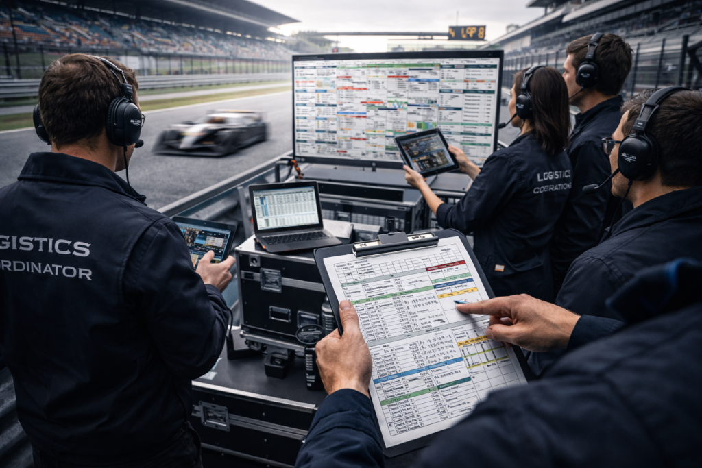 Trackside operations coordination inside a professional motorsport team during live competition.