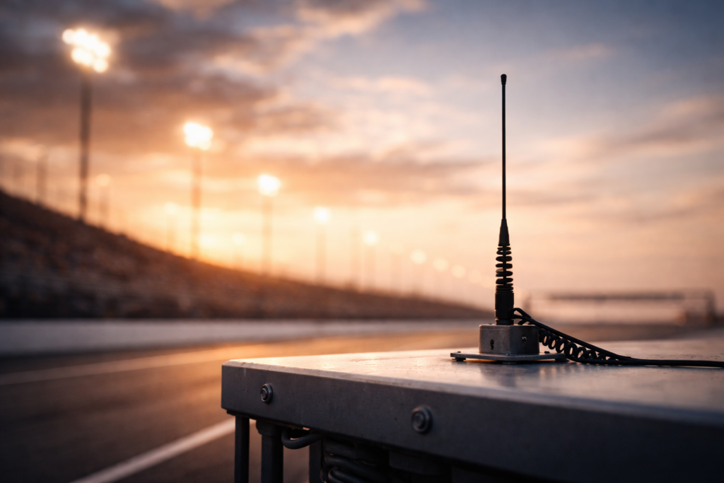 Close-up of a radio antenna mounted on a pit box roof with the racetrack and lights blurred in the background at dusk.