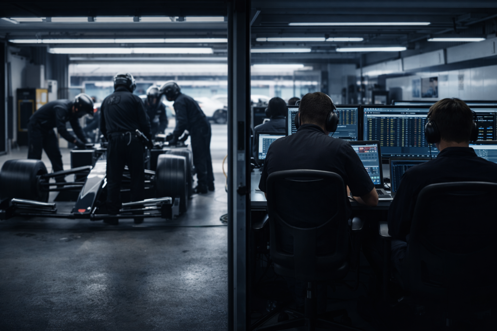 Wide view of a motorsports garage showing mechanics working on a race car on one side and engineers reviewing data at laptops and timing screens on the other.