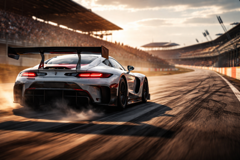 Race car exiting a corner with tire smoke as track conditions shift and grip changes during a race