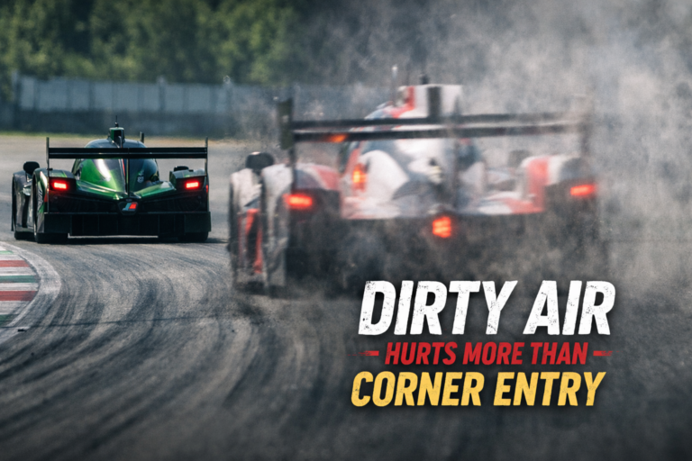 Race car following another through turbulent dirty air showing reduced aero stability and visibility