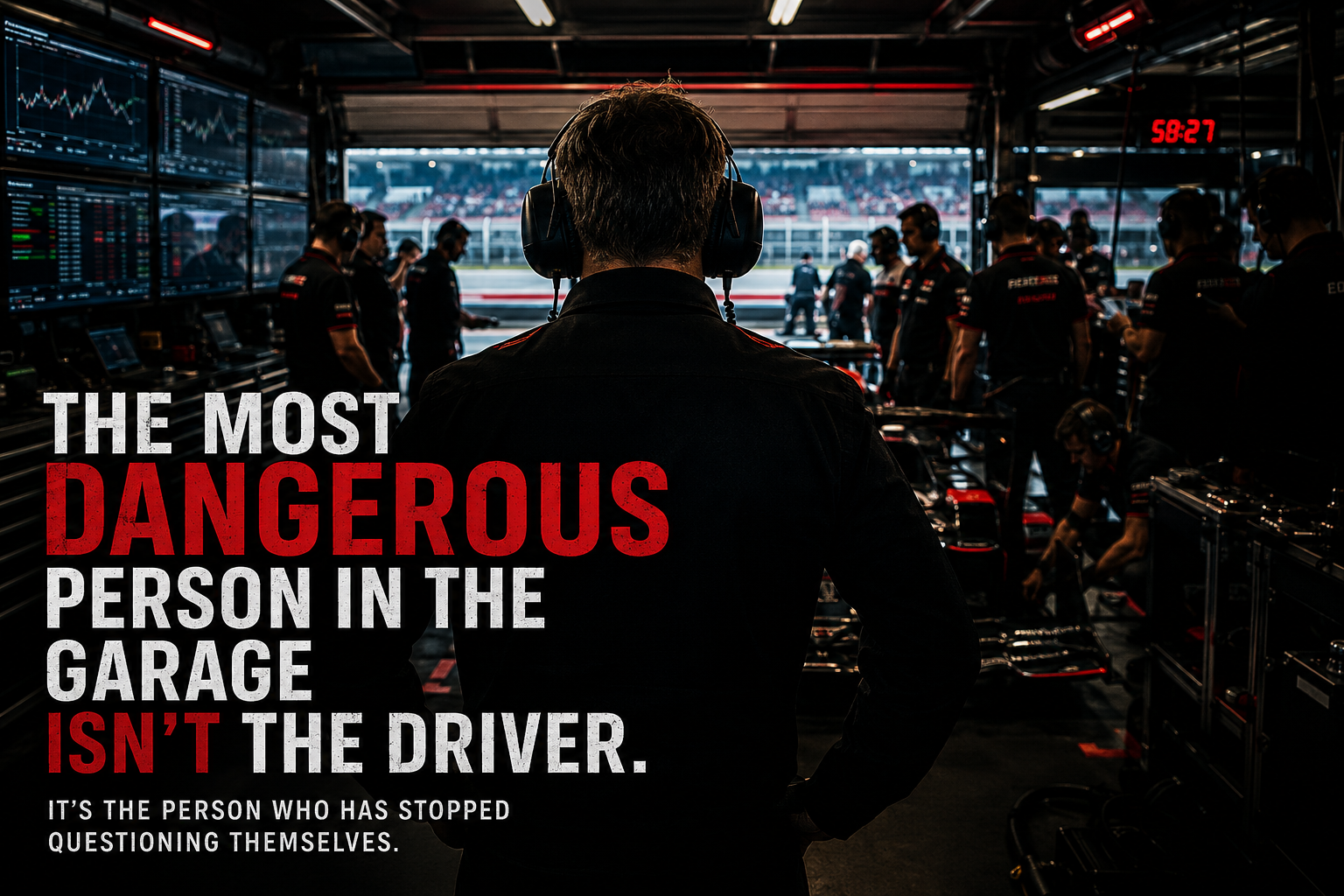 Race engineer standing in a high-pressure motorsport garage as the team prepares for a race weekend.